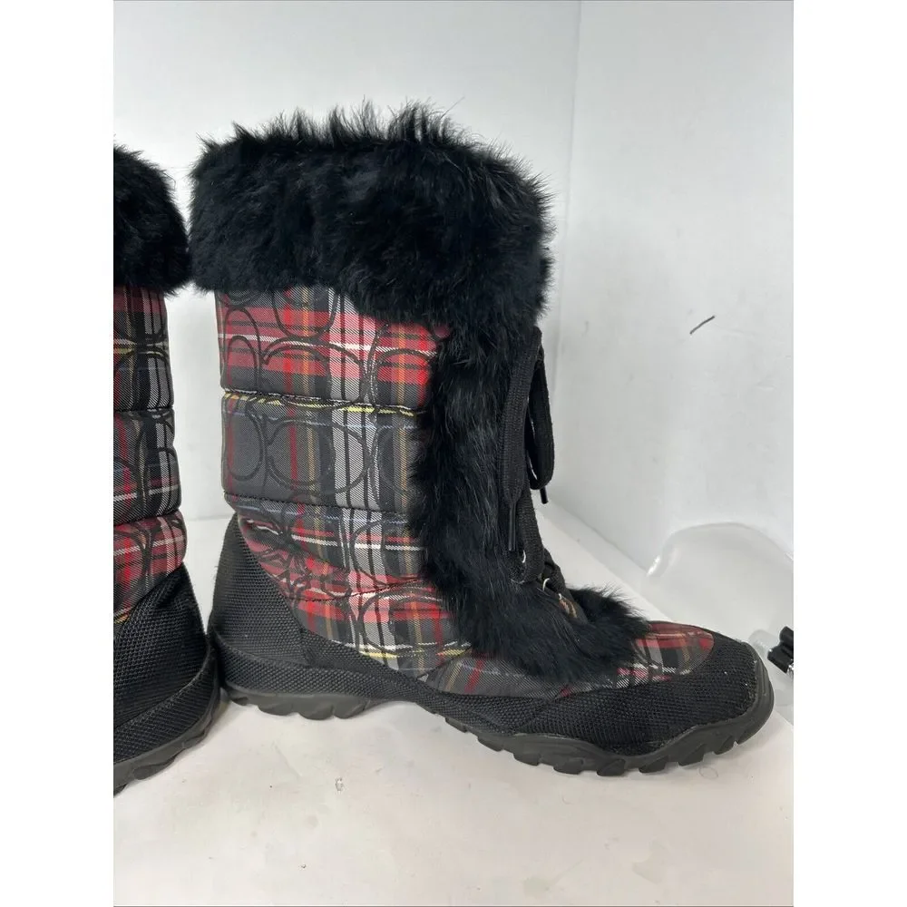 Coach Jennie Signature Rabbit Fur Black & Red Plaid Boots RARE‎ Size 9.5 EUC